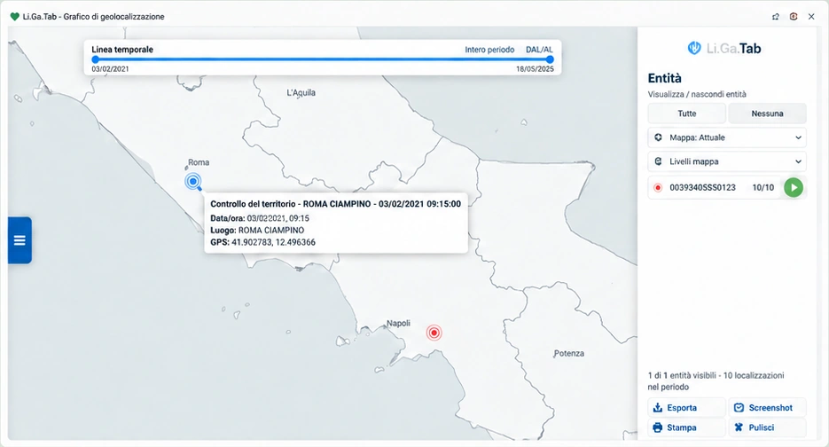 Grafico di geolocalizzazione di Li.Ga.Tab con mappa, eventi, coordinate GPS, livelli e filtro temporale